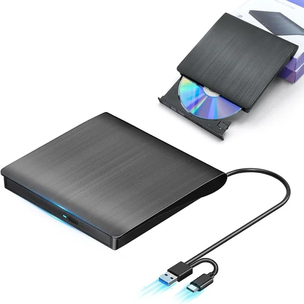 BRJR External DVD Drive High Speed Processing 8XDVD & 24XCD Optical Drive External Read/Write Bus Power USB 2.0/3.0 & Type-C External CD Drive (Black)