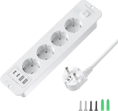 Soporte de enchufe recatado con 2 USB y 2 Type-C, 4 salidas, con interruptor, Strip de enchufes recatados para escritorio