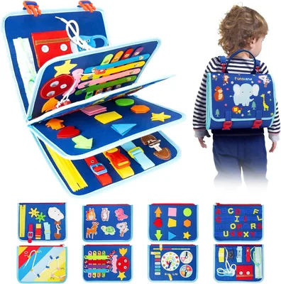 Funsland Bezige Bordboek voor Kinderen - Montessori Sensorische Activiteiten Auto Vliegtuig Reizen Speelgoed, Onderwijskunst Fijn Motorisch Ontwikkeling