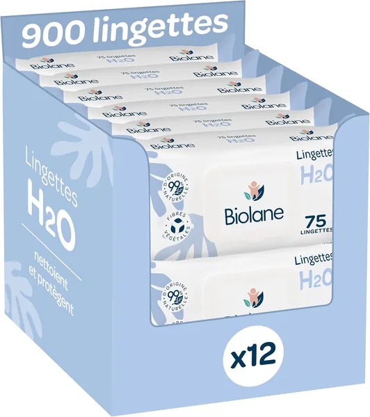 Biolane - Lingettes humides pour bébé - 900 lingettes - Pack de 12 x 75 - Nettoyage doux et efficace - Sans rinçage - Dès la naissance - 25% de réduction