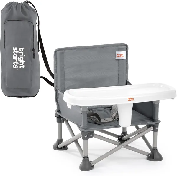 Bright Starts Pop 'N Sit Portable Booster, Indoor/Outdoor Use, Floor Seat with Feeding Tray, Grey, 6 Mos - 3 Yrs
