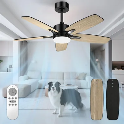 Ventilateur silencieux Mefine avec lumière et télécommande, 106 cm ventilateur LED avec 5 pales doubles, noir/bois