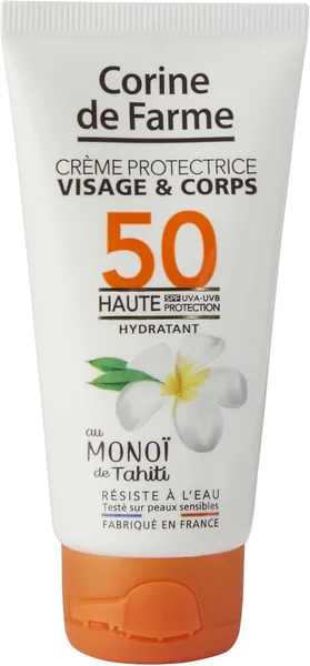Crème de protection solaire Corine de Farme SPF 50 - Protection UVA & UVB - Monoi de Tahiti - Résistante à l'eau - Fabrication française - 50% Off