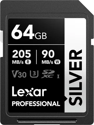Carte mémoire Lexar Silver 64 Go, carte SDXC UHS-I jusqu'à 205 Mo/s en lecture, 90 Mo/s en écriture, V30, 4K UHD Vidéo, U3, Classe 10, SDXC