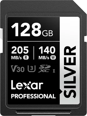 Carte mémoire Lexar Silver 128 Go, carte SDXC UHS-I jusqu'à 205 Mo/s en lecture et 140 Mo/s en écriture V30, 4K UHD, U3, classe 10, SDXC