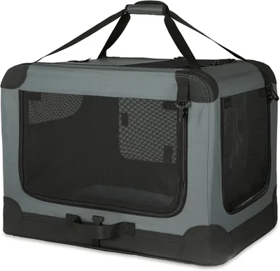 Amazon Basics 4-drzwiowy transporter podróżny dla kotów, psów i małych zwierząt, szary, S
