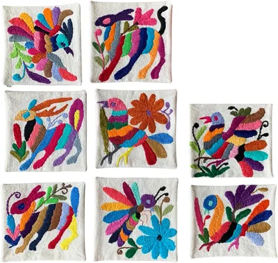 Dos Hermanas Juego de 8 Portavasos de Manta de Algodón, Bordados a Mano Auténtico Artesanal Original de Tenango México, 11 x 1 Best Deal