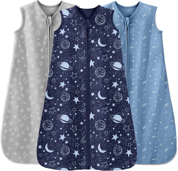 Unnivoll Pack of 3 Baby Sleeping Bags, Summer, 0.5 Tog, 100% Cotton, 0-6 Months, 67 cm, for Boys, Girls, Newborn, Grey, Blue Planet