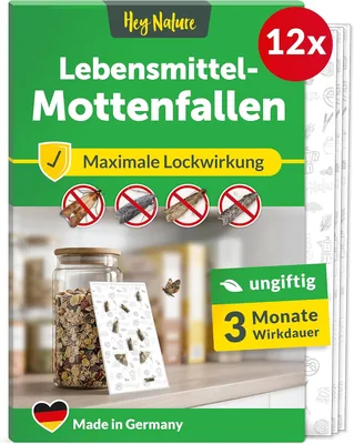 Hey Nature Lebensmittelmottenfalle, Packung mit 12, insektenfreie Mottenfalle | Geruchsarme Pheromonfalle mit maximaler Anziehungskraft für Detektionsmotten