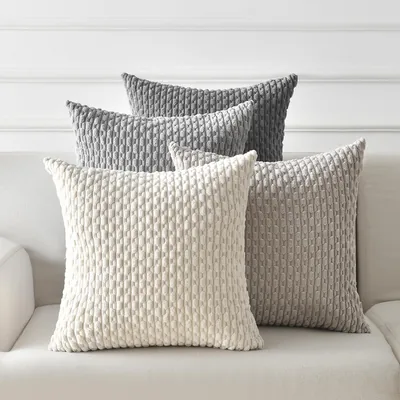 Housse de coussin ANBURG 50 x 50 cm Grise Beige Crème Gradient Corduroy | Ensemble de 4 coussins décoratifs bohèmes pour canapé, salon