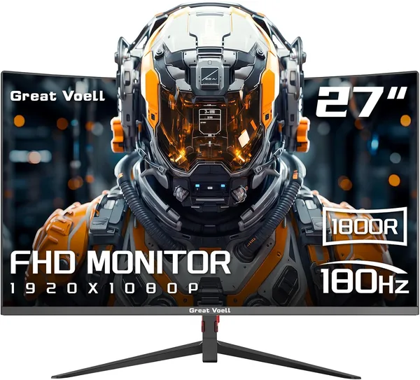 Great VOELL 27 Inch Curved Gaming Monitor, 180Hz, FHD(1920 x1080), FreeSync, HDR10, 99% sRGB