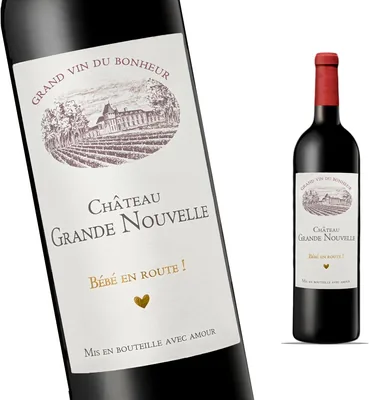 Étiquettes de bouteille de vin FunFest - Annonce de grossesse - Château Grande Nouvelle - Pour la famille et les amis (Style vin rouge) - Meilleure affaire