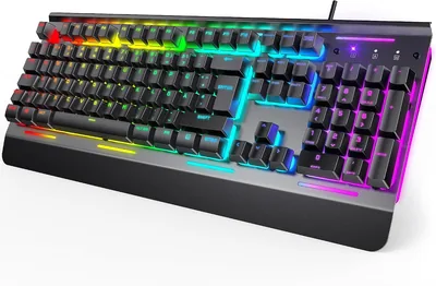 TECKNET Gaming Tastatur 105 Tasten Membrantastatur mit Vollstahlgehäuse | Mit ergonomischer Handgelenkstütze, 25 Tasten Anti-Ghosting