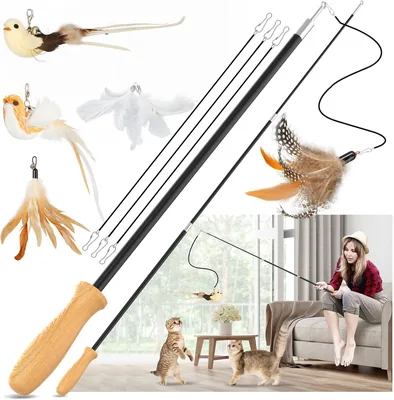 ROSAUI Cat Teaser Wand Toys - Extendable & Lifelike, 4 Feather Toys, Best Deal