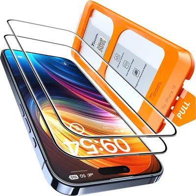 TOCOL 2 Pcs Verre Trempé pour iPhone 15 avec Retrait Automatique de la Poussière, Sans Bulles, Durité 9H, Protection Complète d'Écran - 5% Off