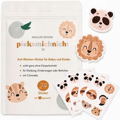 Piekst mich nicht! Plant-Based Anti-Mücken-Aufkleber mit Tiermotiven für Babys und Kinder, Insektenabwehr, Schutz für empfindliche Haut