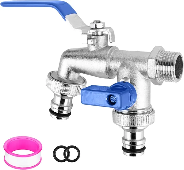 CTDMJ Double Garden Tap with 1/2 inch Red/Brass Water Faucet, 2X3/4 inch Outlet Double Tap Ball Valve Outside Faucet Blue