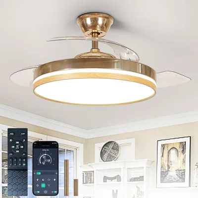 Ventilateurs de plafond rétractables Depuley : ventilateur moderne de 42 pouces avec éclairage et télécommande - Ventilateur intelligent doré et bois