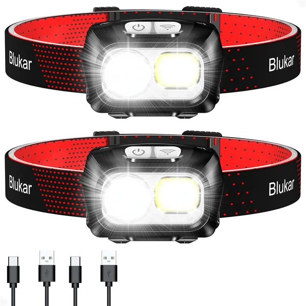 Blukar Headlamp, 2 pieces Super Bright Rechargeable LED Head Torch with Motion Sensor and Adjustable Angle, 8 Modes (with Red Light) for Camping, Running, Bike etc. - Black
