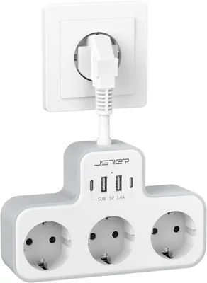 JSVER 3-weg USB stroomstrip met 4 USB poorten, flexibele kabel en 7-in-1 adapter