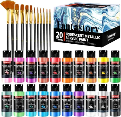 Fantastory Master Metallic Acrylic Paint Set | 20x60ml with 12 Brushes - Waterproof, Non-Fade - 10% Off