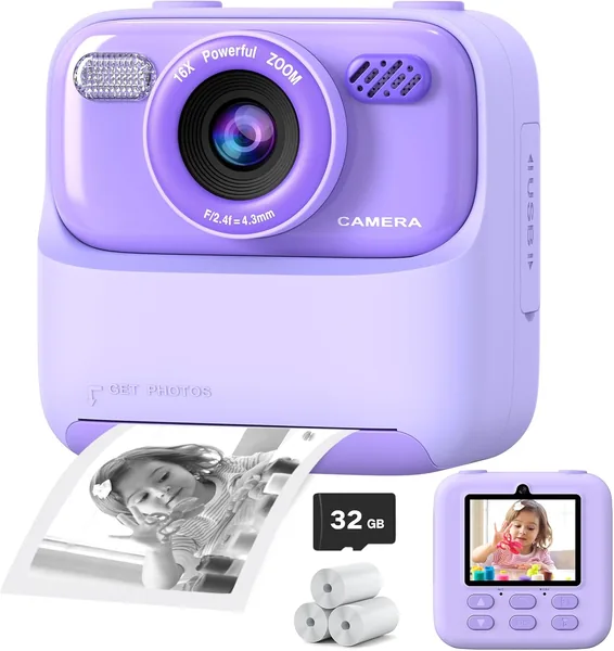 Upgrade Kids Camera Instant Print for Boys and Girls, 1080P HD Dual-Lens Selfie Digital Camera with Print Paper & 32G Card, Christmas Birthday Gifts Toys for Toddler and Teenagers
