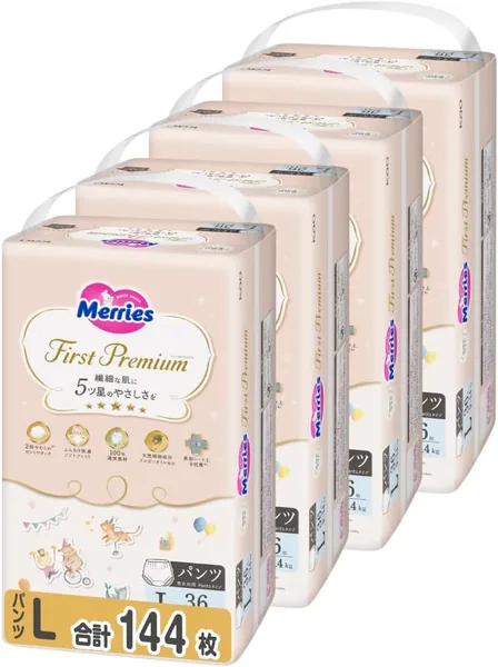Merries First Premium Pants L Size (19.8 - 30.9 lbs / 9 - 14 kg), 144 Pieces