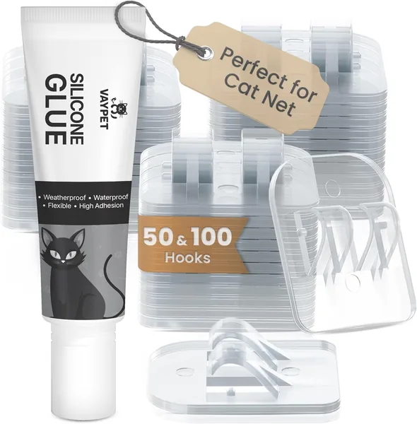 VAYPET 50 Transparante Kleefhaken & Silicone Kleer [30ml] - Voor Katennet Balcony Zonder Boor | Katennet Bevestiging voor Wanden
