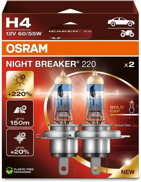 OSRAM Night Breaker 220 H4 +220% More Brightness Halogen Headlight Lamp (2 Lamps)
