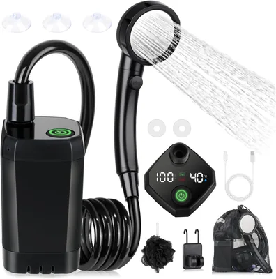 Kit douche de camping Spopal, Douche portable, Pompe électrique rechargeable, Étanche, Affichage intelligent et 4 modes