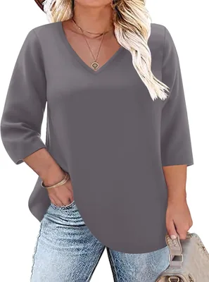 TFSDOD Womens Plus Size Tops V Neck T Shirts 3/4 Sleeve Blouse Summer Casual Tees XL-5X Best Deal