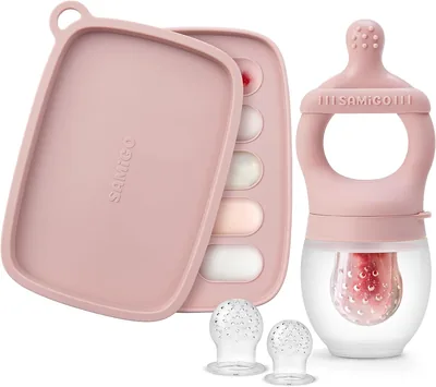 SAMiGO Baby Food Fruit Feeder and Popsicle Mold Set for Teething Relief - LFGB Silicone, Patented Pacifier Feeder