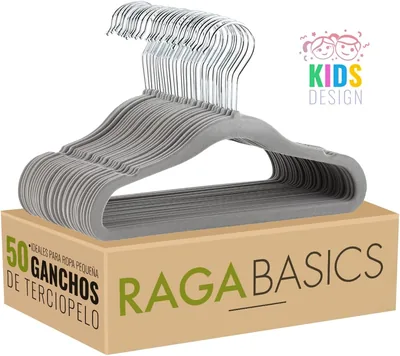 RagaBasics, Juego de 50 Ganchos de Terciopelo Gris para Niños, Perchas Metálicas de Alta Calidad con Rotación 360°