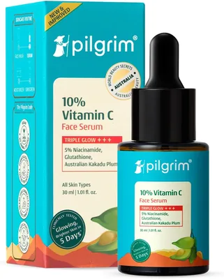 पिलग्रिम 10% विटामिन सी सीरम 30ml चमकती त्वचा के लिए | 5% नियासिनामाइड, हायलुरोनिक & ग्लाइकॉलिक एसिड | गहरे धब्बों को फीका करता है