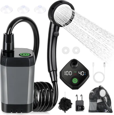 Spopal Douche de Camping, Kit Douche Portable, Pompe Électrique Rechargeable, Étanche, Affichage Intelligent et 4 Modes