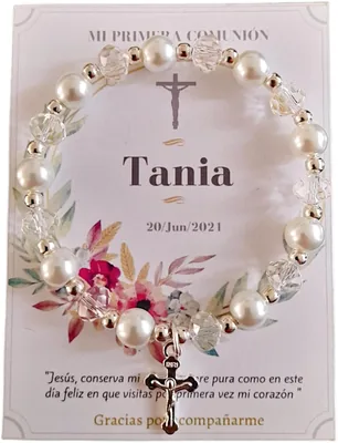Pulsera Recuerdo Perlas, Cristal y Dije de Cruz para Bautizo, Primera Comunión, Confirmación, Boda o XV Años - Mejor Precio
