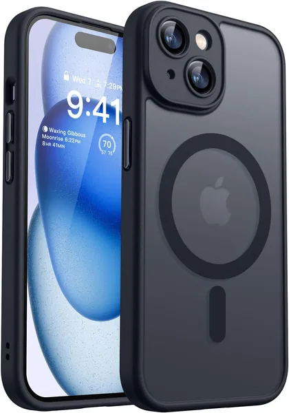 CANSHN iPhone 15用ケース [マグネチック対応・フルカメラ保護] 衝撃吸収、黄変なし、マグネット付、透明マット - 黒