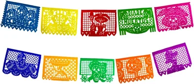 Decoración Papel Picado Plástico Día de Muertos - Guirnalda Día de Muertos Kit con 10 tiras de 5 metros (Multicolor)