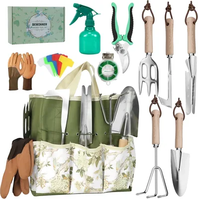 DEWINNER 11 Stück Gartengeräte-Set, Edelstahl Handwerkzeuge mit Taschen und Kiste, Holzgriff Unkrautwerk für Pflanzen, Ideal