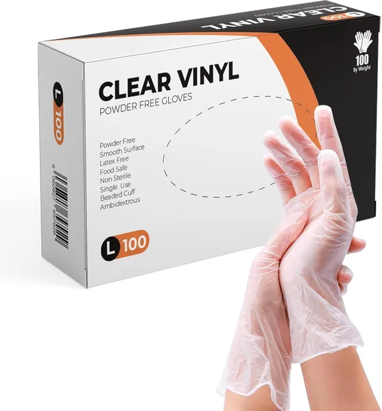 PRAIMA Clear Vinyl Gloves, 100 Count, Clear Disposable Gloves (100, Large)