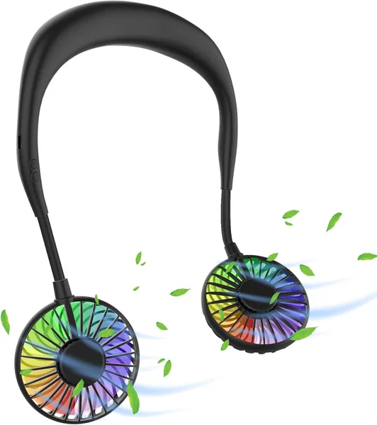 Ventilateur de cou Ultralent, Ventilateur USB, Silencieux, 3 vitesses, Lumière LED, Portable pour Extérieur, Intérieur, Camping, Voyage, Sports Noir