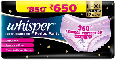 Whisper Super Absorbent Period Panty, L-XL, 12 Packs, 360° Leakage Protection