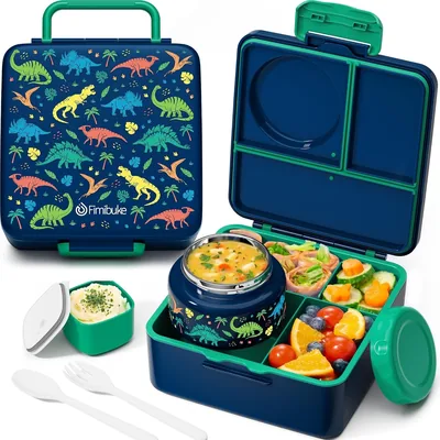 Fimibuke Lonchera tipo bento a prueba de fugas con termo de 8 oz para comida, 3-4 compartimentos 60 oz, frasco para salsa y u