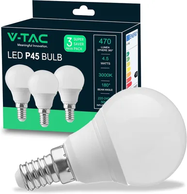 V-TAC VT-2156 - Lot de 3 Ampoules LED E14 4,5W (40W) - 470 Lumen - Blanc Chaud - Angle de 180°