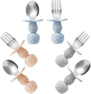 PandaEar Set von 6 Kinderbesteck | Silikongriff aus Edelstahl | Lernbesteck für Babys