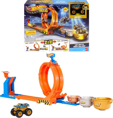 Hot Wheels JBX64 Monster Trucks Loop-and-Flip Trophy Challenge Playset 41% Off