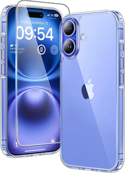 TAURI iPhone 16 Hoes 6.1" met Schermbeschermer, Militair Kwaliteit, [Geen Verkleuring] Schokbestendig Transparant Telefoonhoes