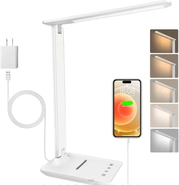 Desk Lamp, Reading Lamp, Dimmable Table Lamp with USB Port, 3 Lighting Modes, Foldable Bedside Lamp for Reading, Nails, Work, Study, Office, Dorm