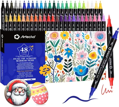 Artecho Acrylmarker Set 48 Farben - Wasserdichtes Doppelspitznachfüllbares Acrylmarkierer-Set mit 1 mm feiner Spitze und 0,5-5 mm Pinselspitze, Opak für Kunst und Schreiben