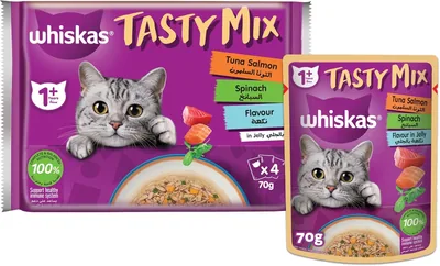 Whiskas Tasty Mix Wet Cat Food، سمك التونا والسلمون مع السبانخ في مرق، عبوة من 4 × 70 جرام، طعام قطط للبالغين